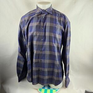 Culturata Shirt Mens XL 17.5 Blue Grey Button Up Long Sleeve Casual Check Italy